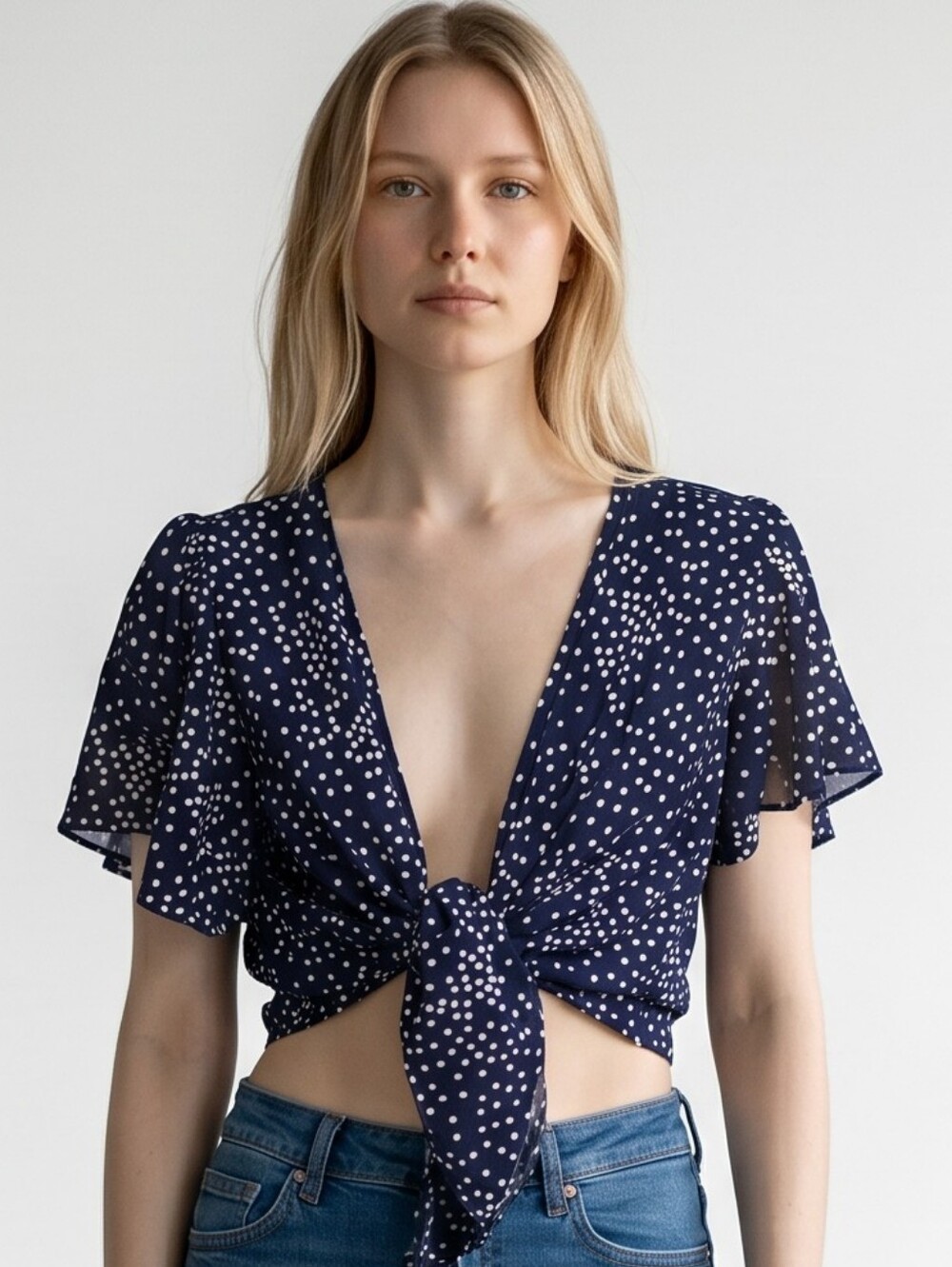 SHEIN Navy White Polka Dot Tie-Front Crop Top